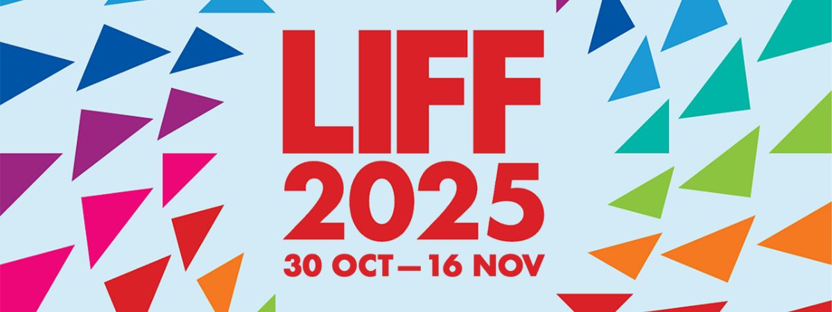 Graphic for Leeds International Film Festival 2025 with bold red text reading “LIFF 2025, 30 Oct – 16 Nov” on a light blue background with colourful triangular patterns around the edges.