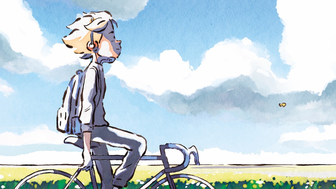 An animated image of a young boy cycling with no hands, relaxed and smiling as he cycles past sunny fields.
