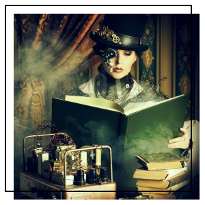 A steampunk character reading a book