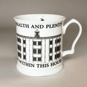 black and white mug with illustration of temple newsam house