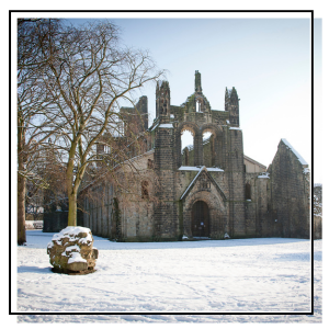 kirkstall abbey covered in snow