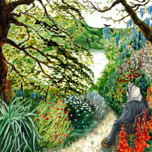 painting of a woman sitting in a garden of flowers, book cover art for recovering dorothy