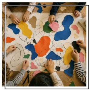 children sticking coloured shaped to a large piece of paper