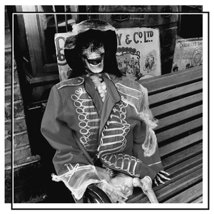 skeleton on a bench in the victorian streets