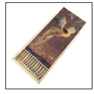 wooden pencil set with image of a fairy in brown hues