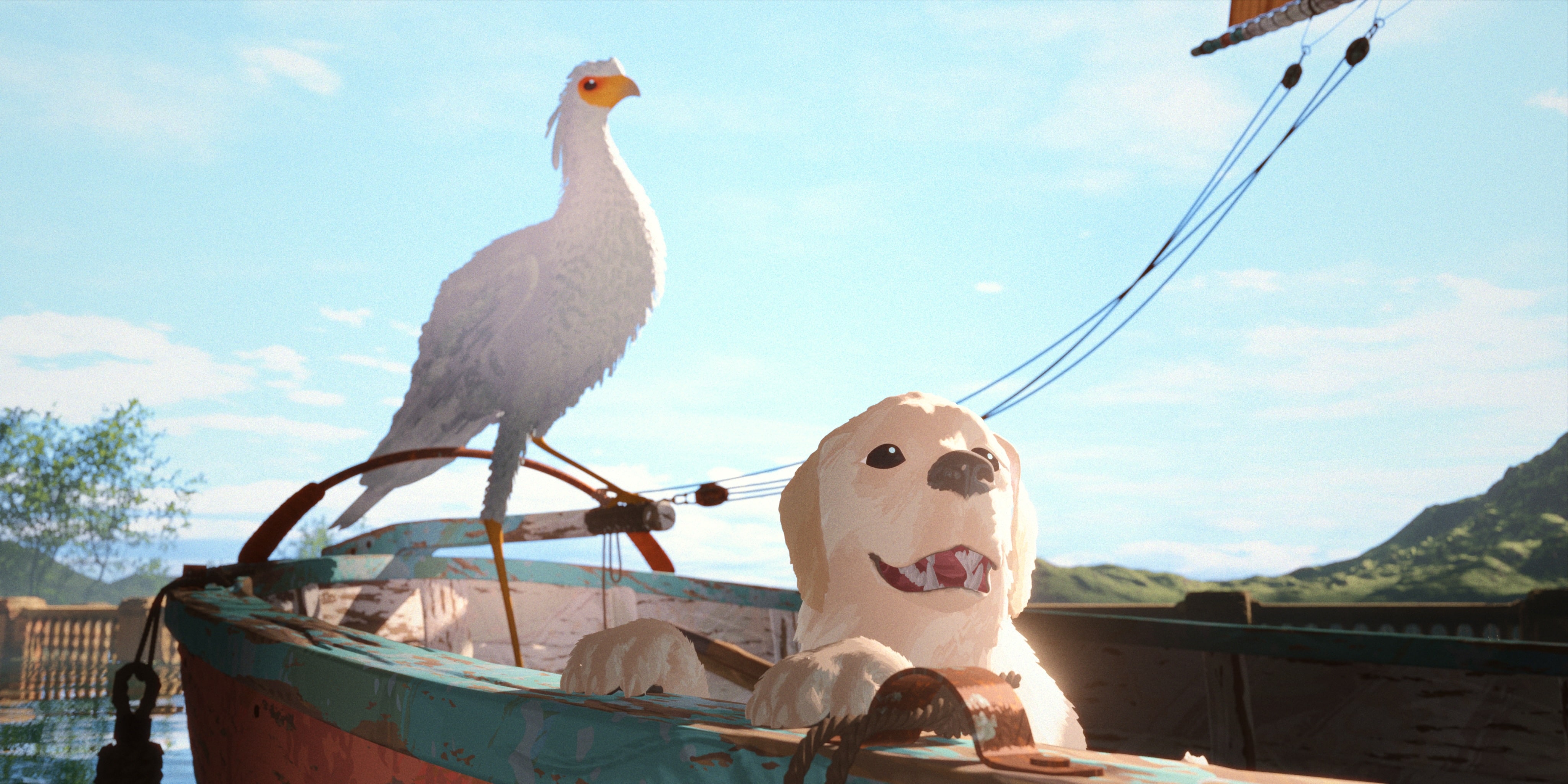 A still from the film 'Flow' showing a 3D digitally animated dog and bird, sitting in a small boat beneath a bright blue sky, looking ahead and smiling.