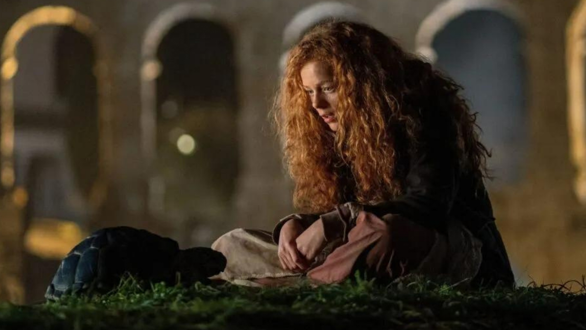 A still from the film 'Momo' depicting a girl with unruly, ginger hair, sitting on grass looking down at a tortoise.