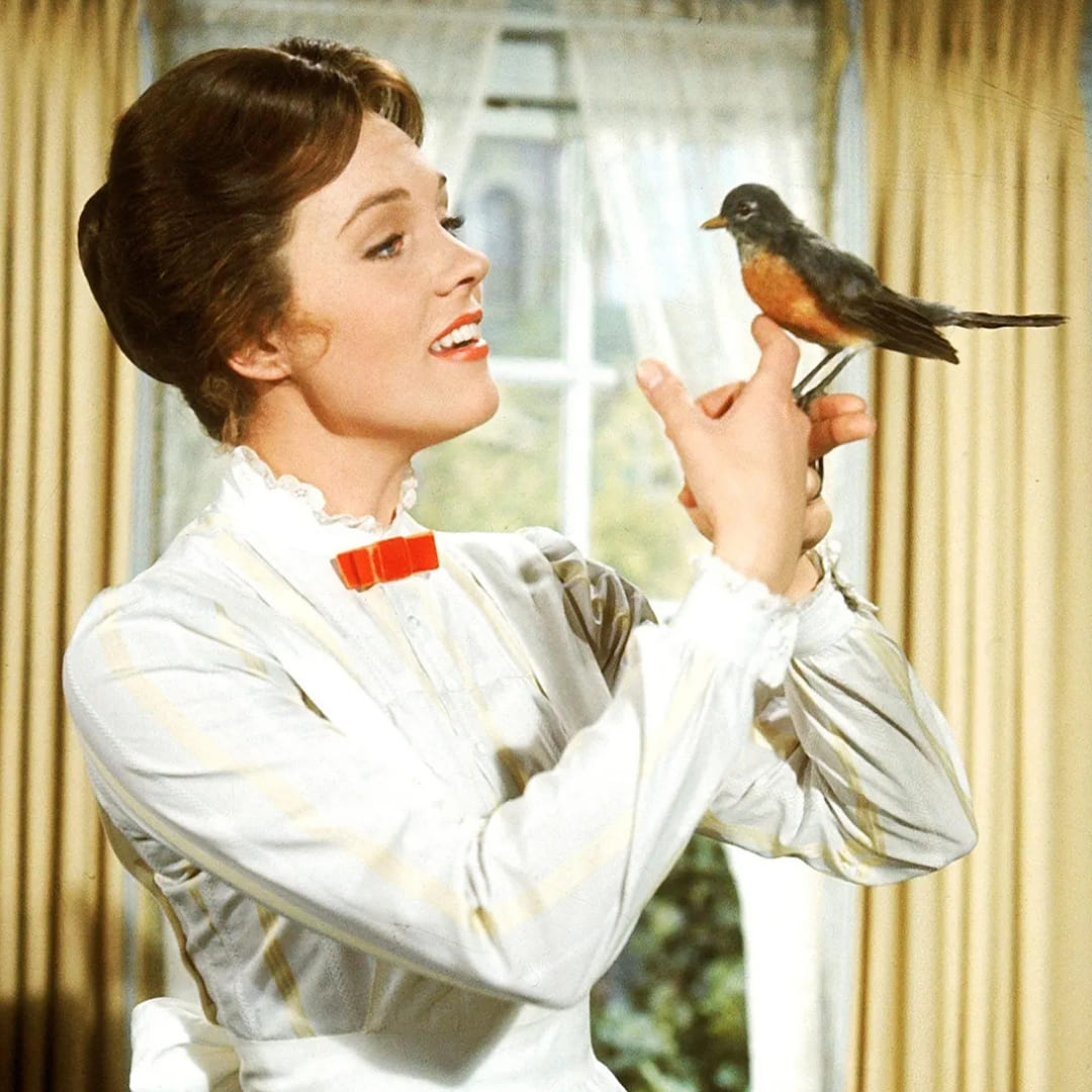A woman wearing a white long sleeved blouse and a red bow tie holds a robin up on her hands.