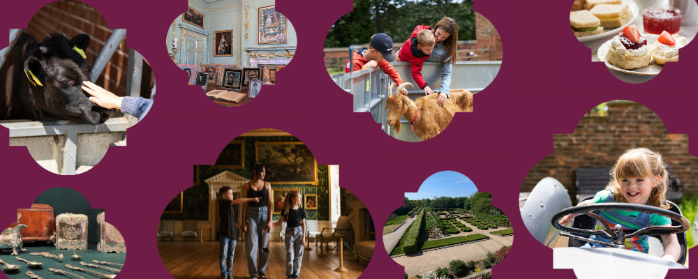 A selection of photos from Temple Newsam including a cow, a series of portrait images, some silverware, a family walking in a gallery, a family stroking a goat, the formal gardens, a young girl on a tractor, and an afternoon tea.