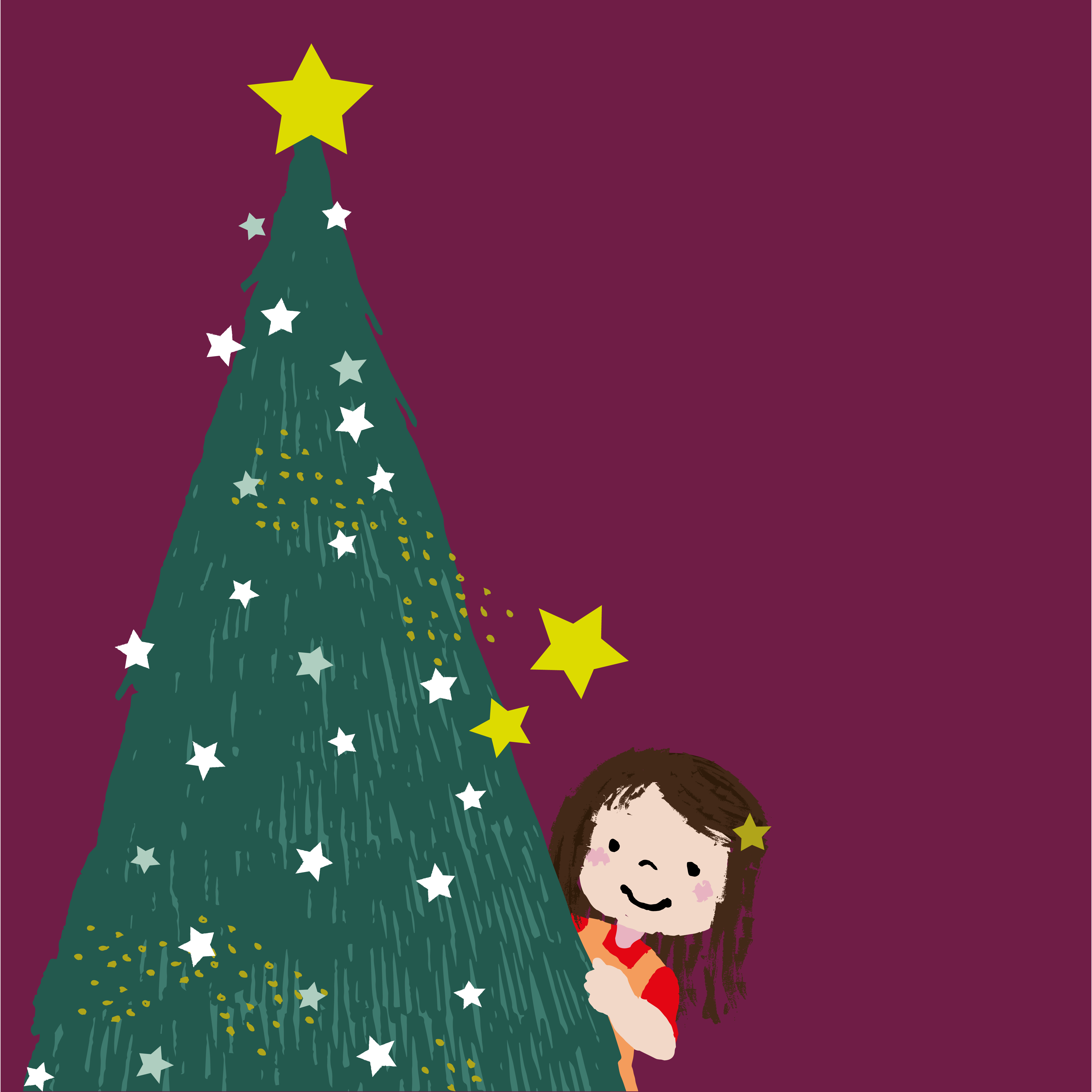 Illustrated Christmas tree with child peeking out
