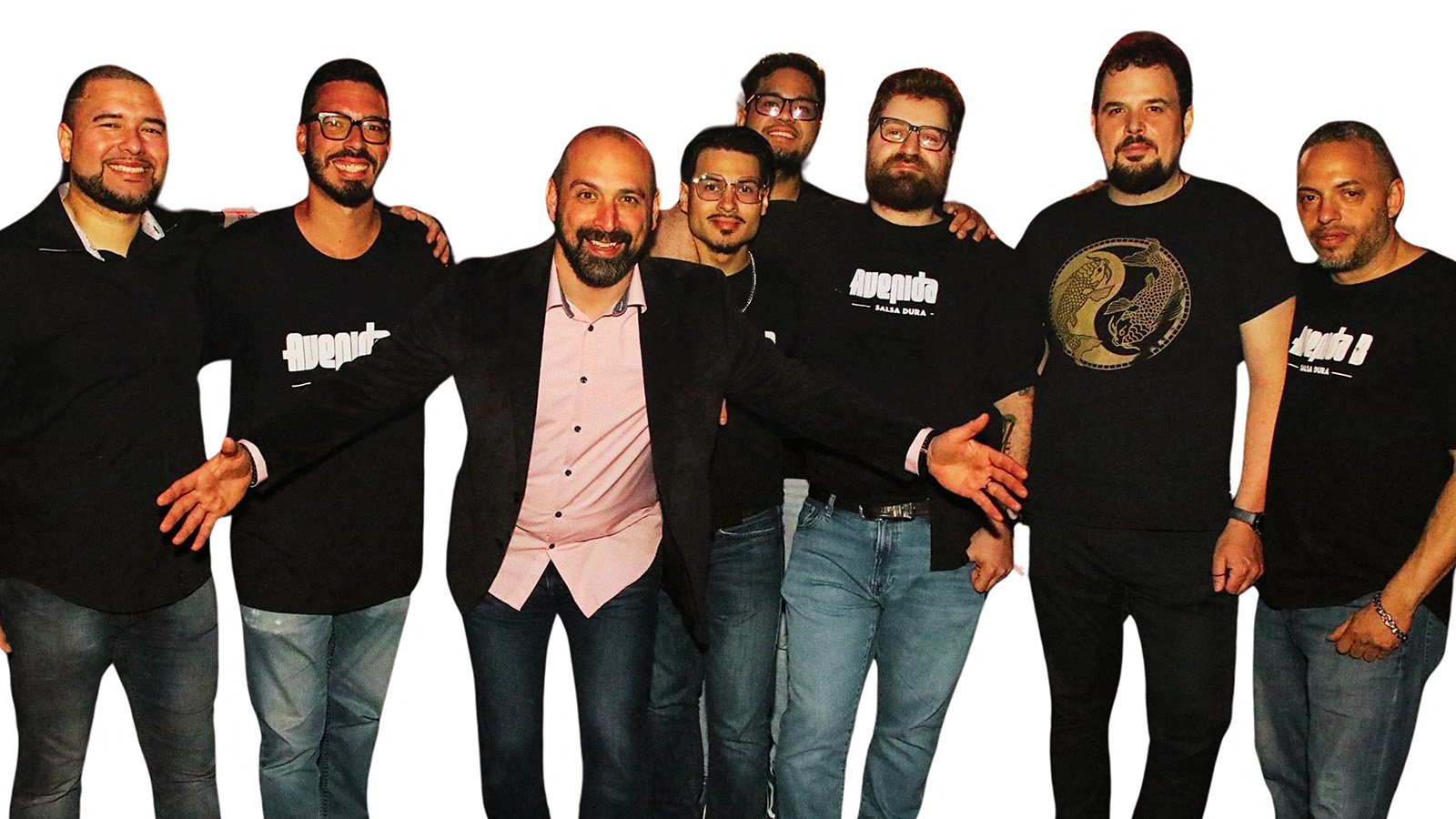 A group of men wearing black t-shirts and jeans