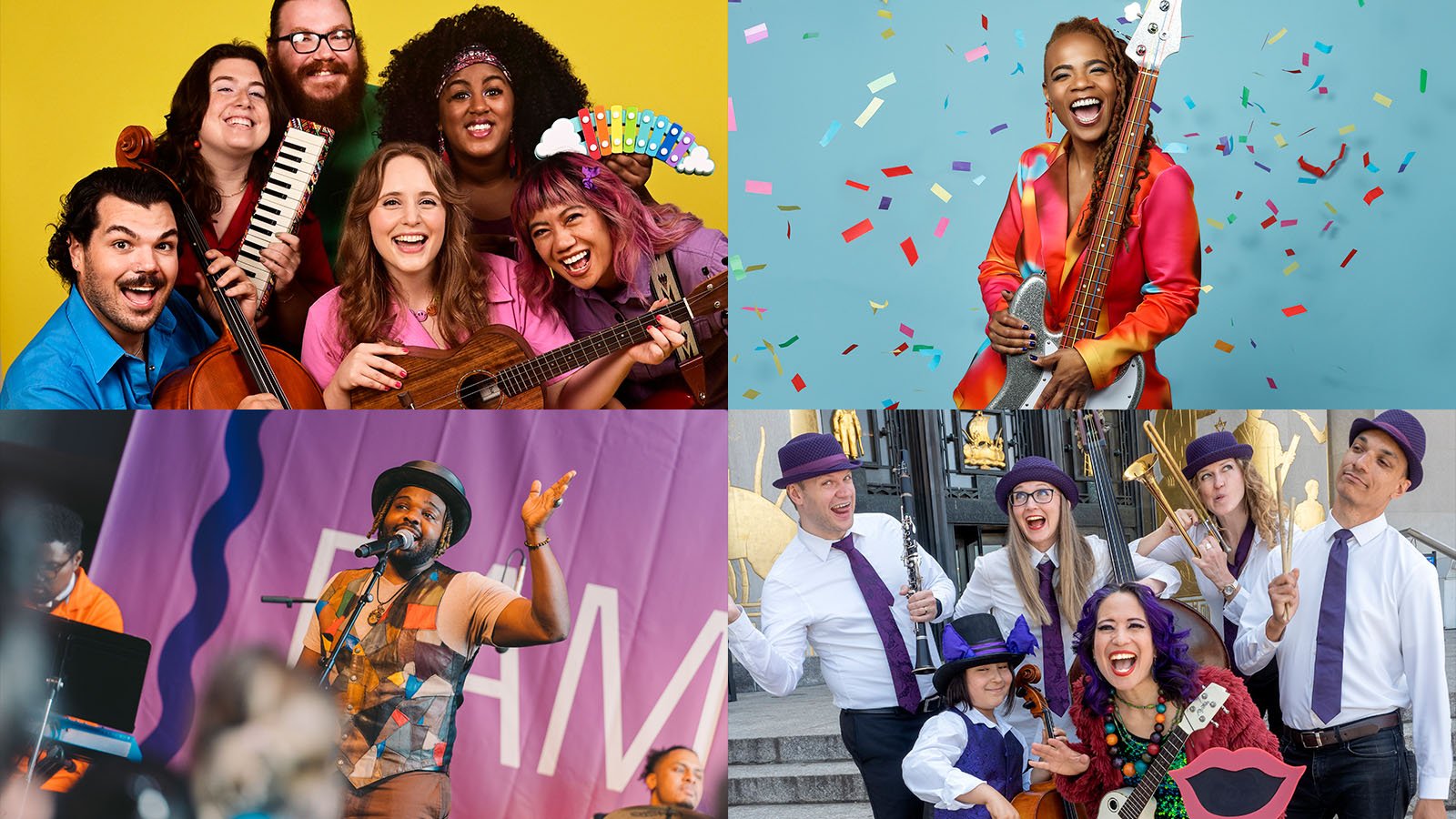 Collage of Lucy Kalantari & the Jazz Cats, Divi Roxx Kids, Miss Tutti and The Fruity Band, and Fyütch & Aura V