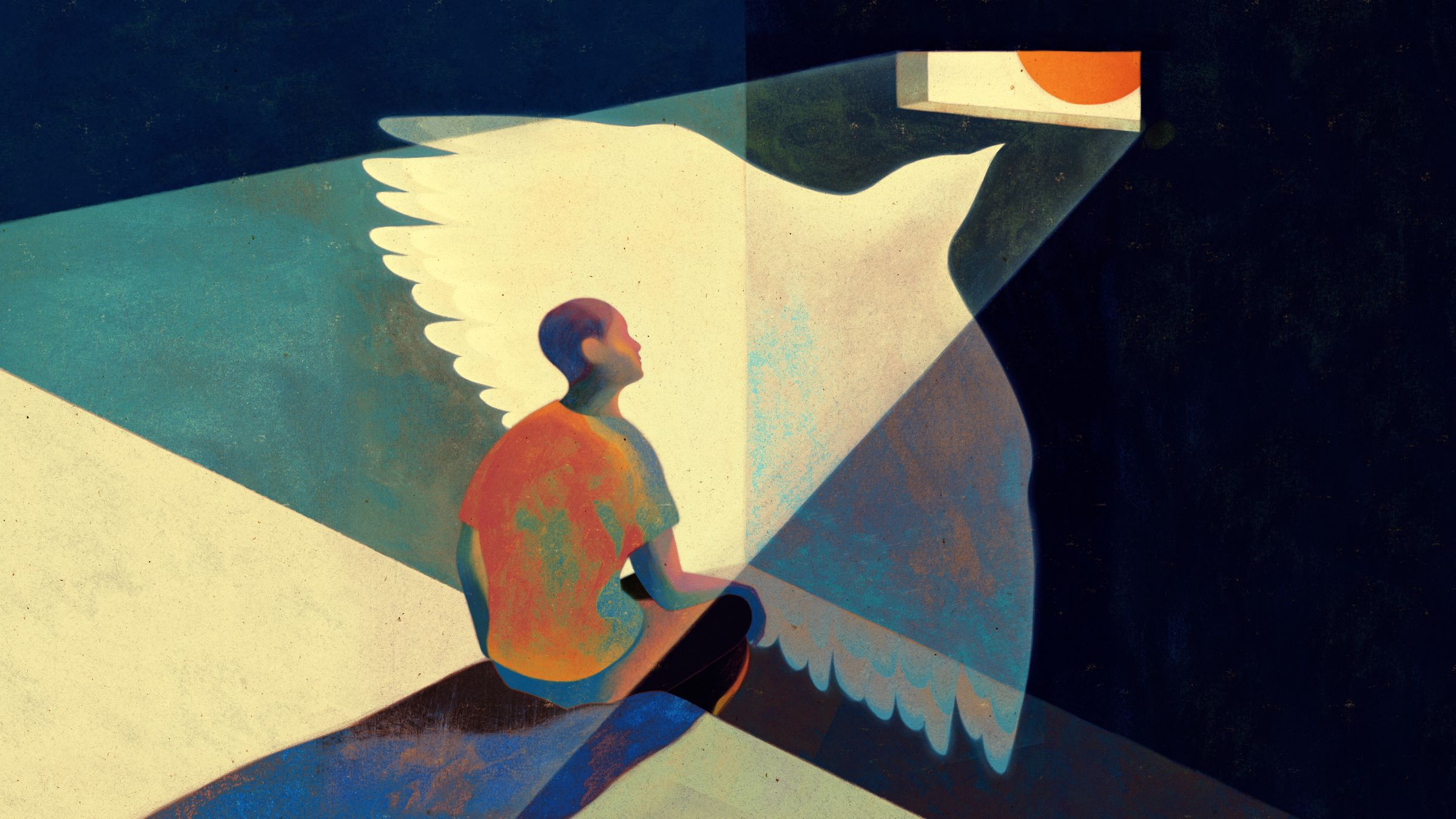 Pastel image of a man sitting on the ground looking up at a small window with light coming through. A white bird extends from him. 
