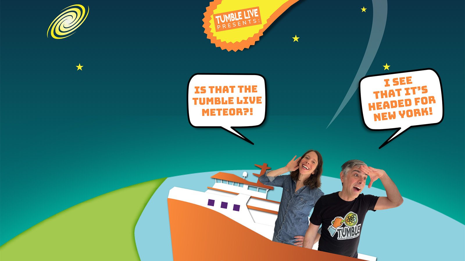 Two people look out from an illustrated boat 