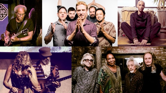 Several artists pose with guitars