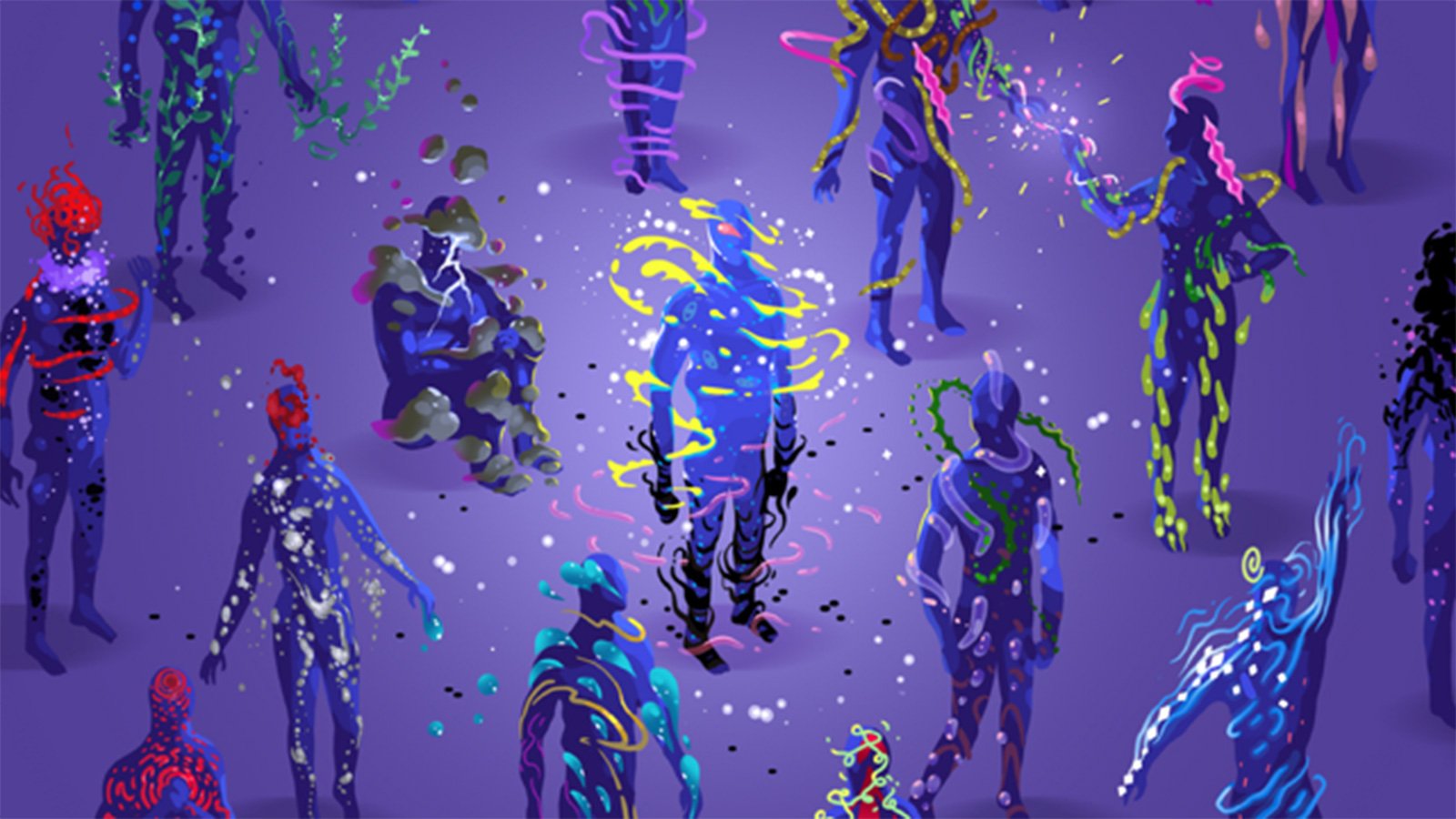 Illustrated figures with paint marks