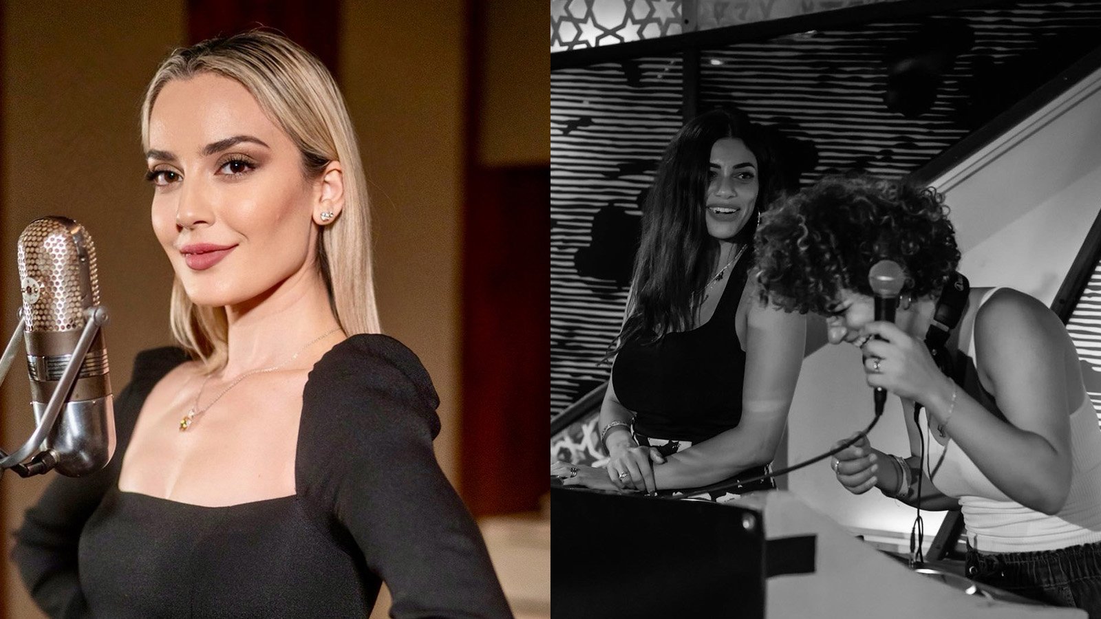 A portrait of Nibal Malshi; A photo of DJ Carmen Sandiego and DJ Myyuh of Haza Party performing