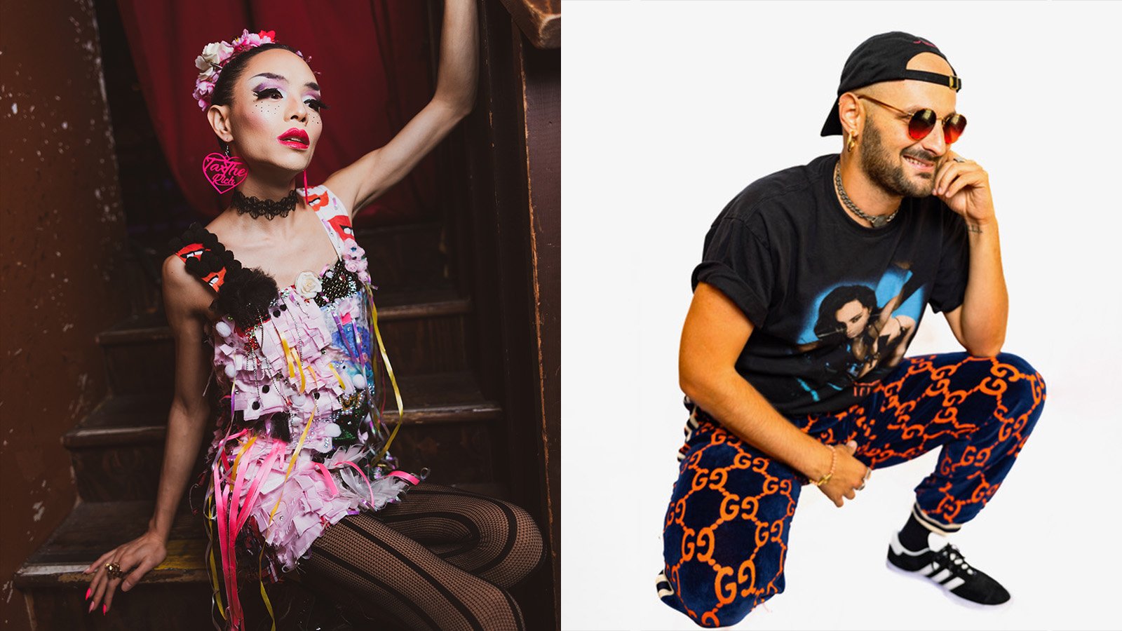 A woman in a floral dress and a man kneeling wearing orange and black pants