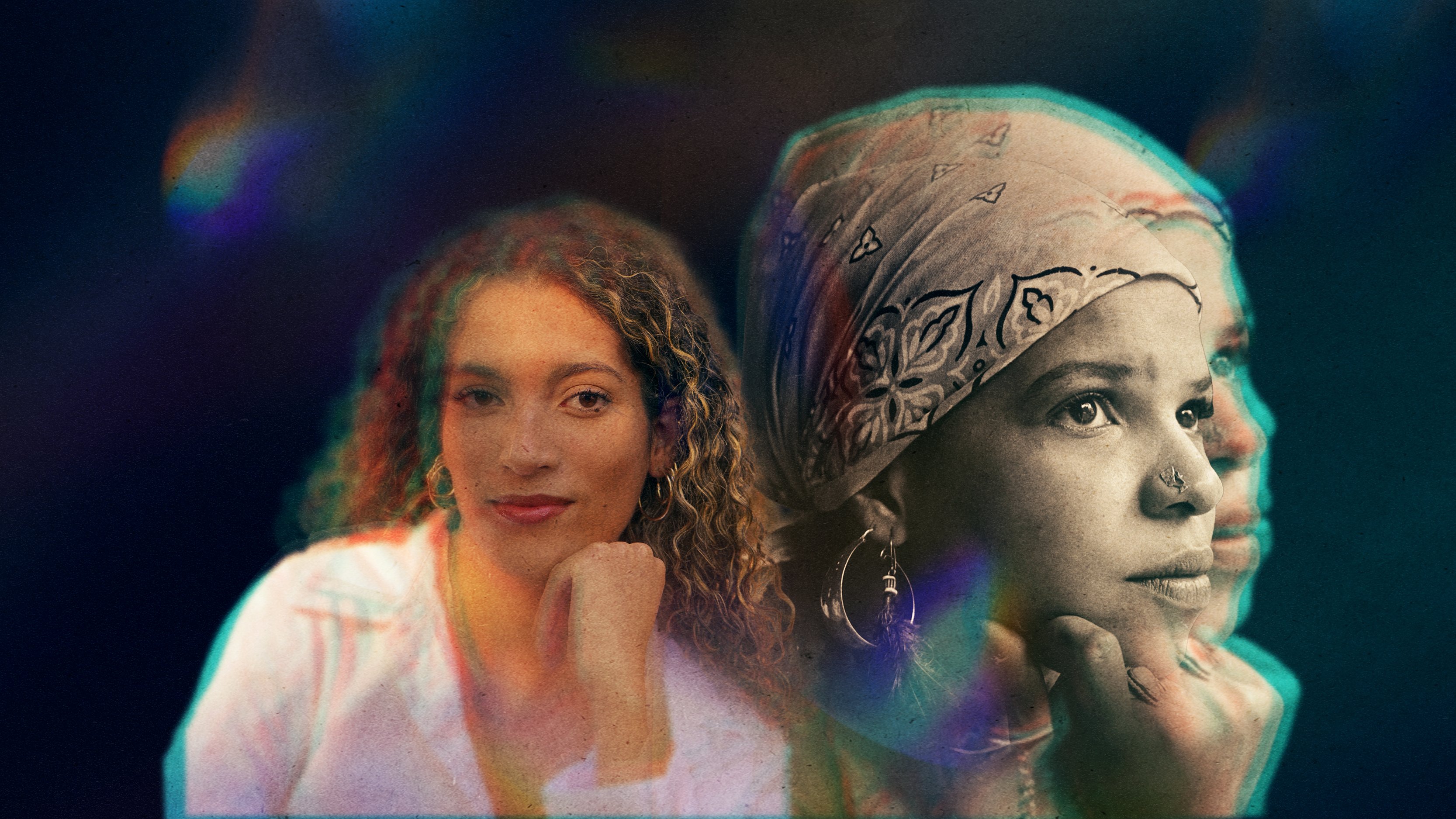 two headshots of women with an artistic blue background
