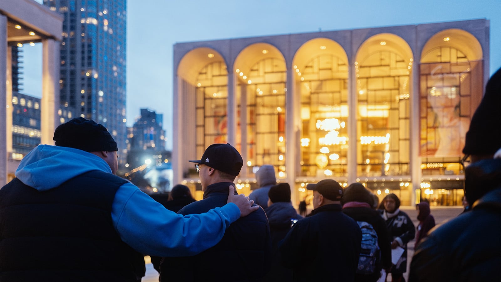 a group of people on the josie robertson plaza