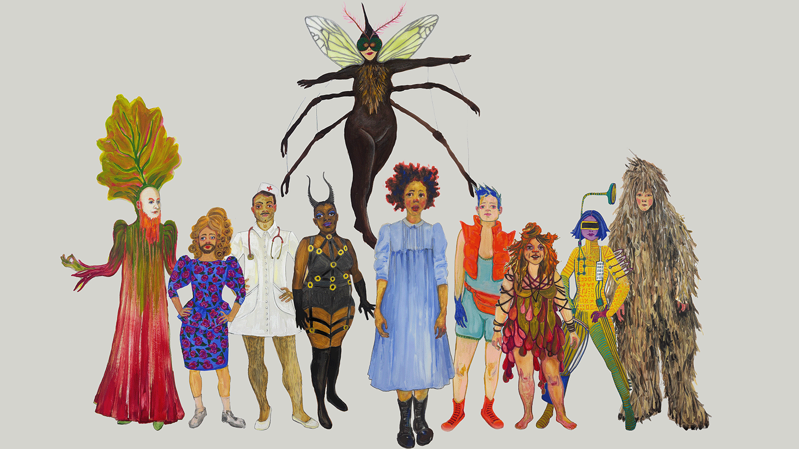 a drawing with 10 different characters