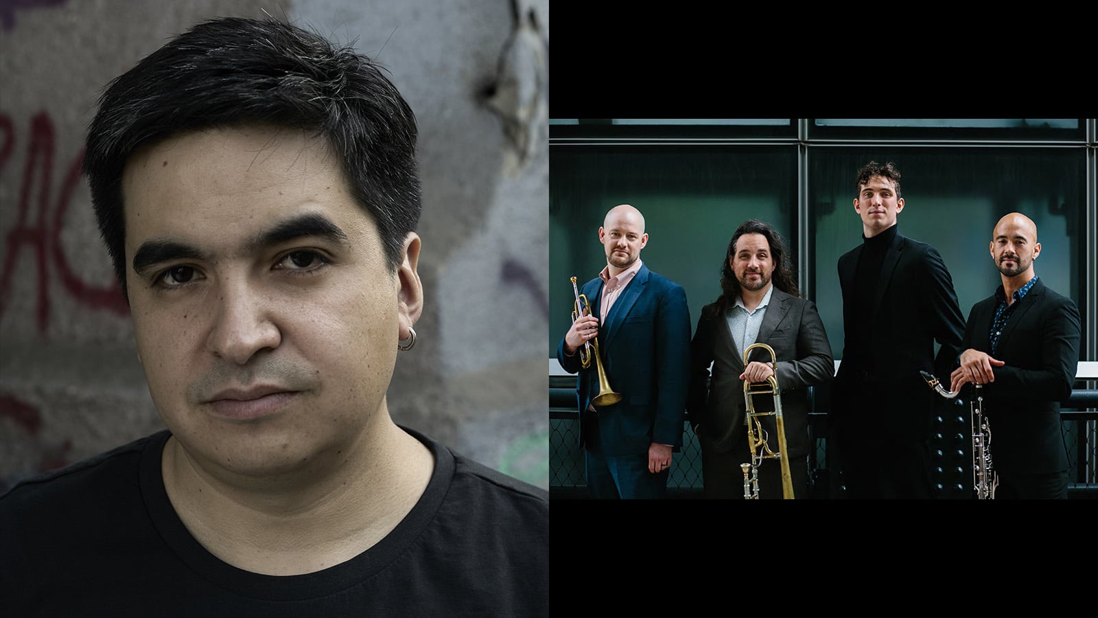 a headshot of Miguel Farias and four musicians standing with their instruments