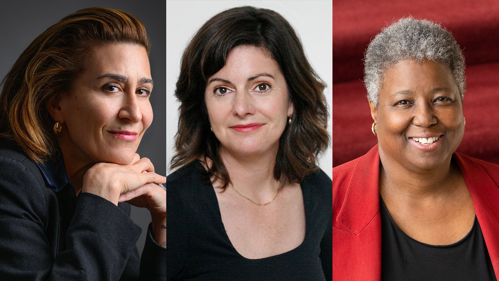 headshots of Jeanine Tesori, Karen Valby, and Marcia Sells