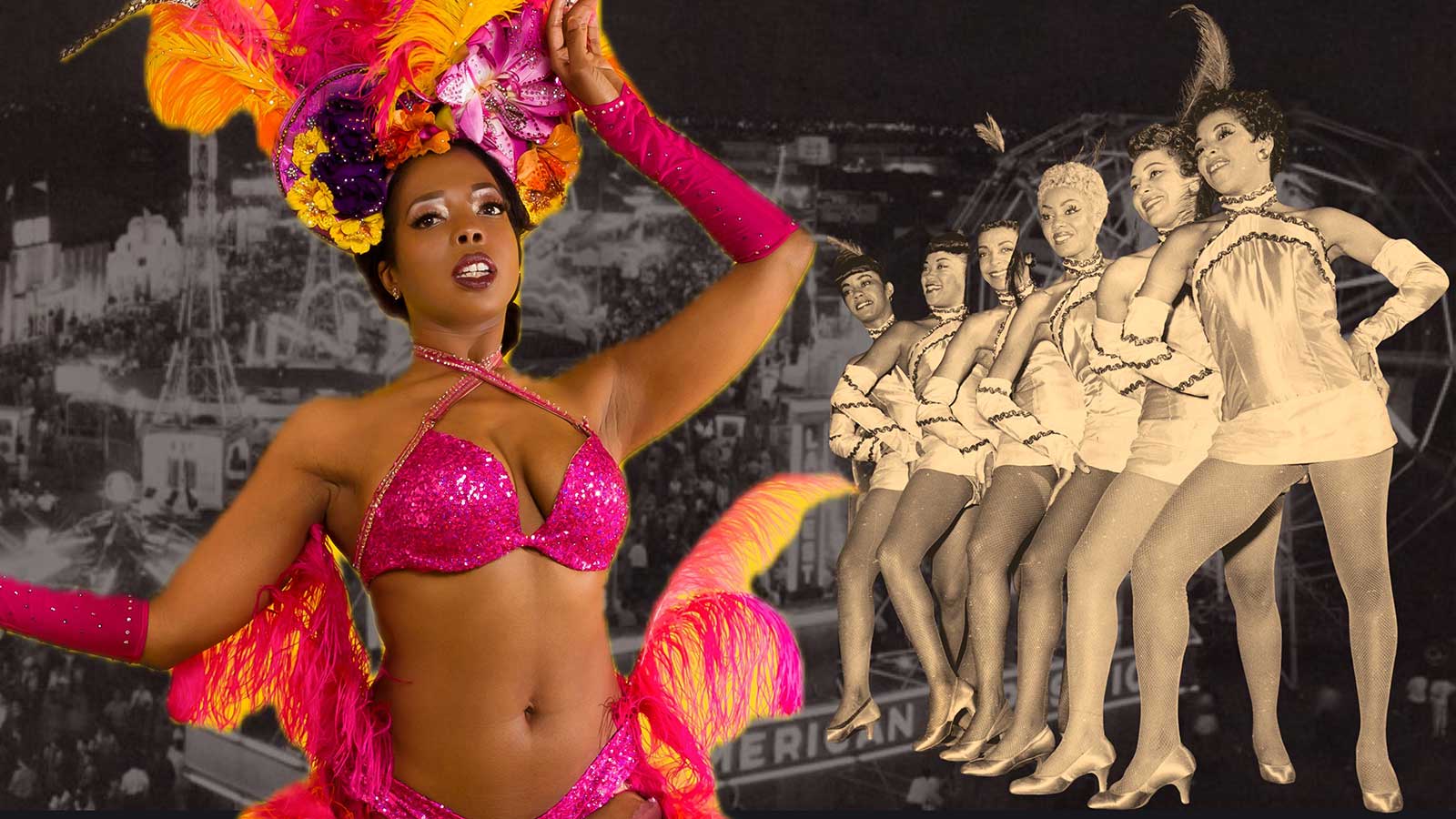a showgirl in a pink and orange costume in front of a line of 6 showgirls in a sepia filter