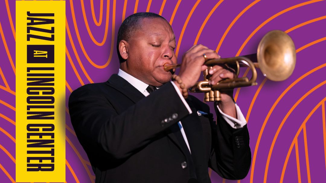 A man playing a trumpet is overlaid on a pink and orange background with the Jazz at Lincoln Center logo