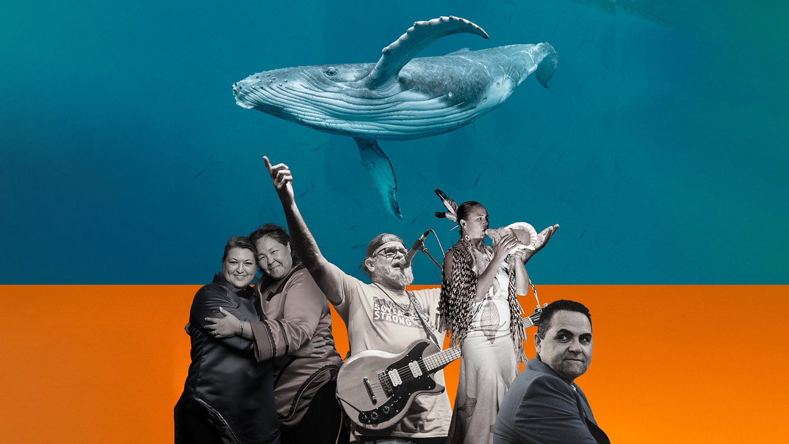 Five people in different poses overlaid over a photograph of a whale swimming in a blue ocean, and an orange background.