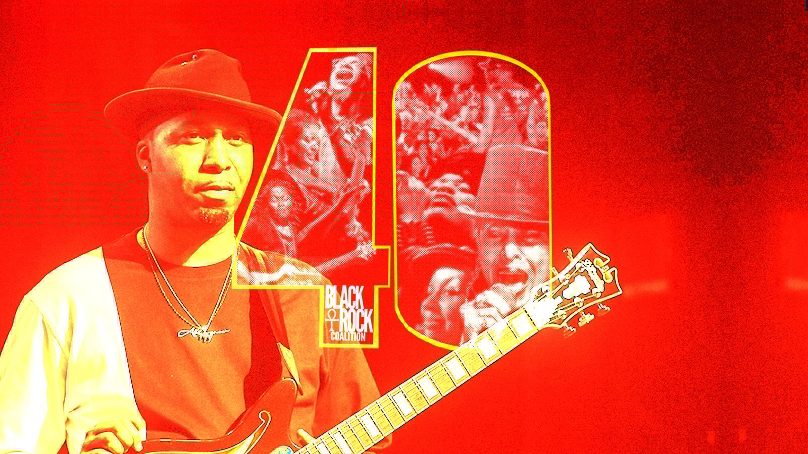 A man with a guitar, wearing a fedora smiles at the camera in a photo with a red and orange overlay.