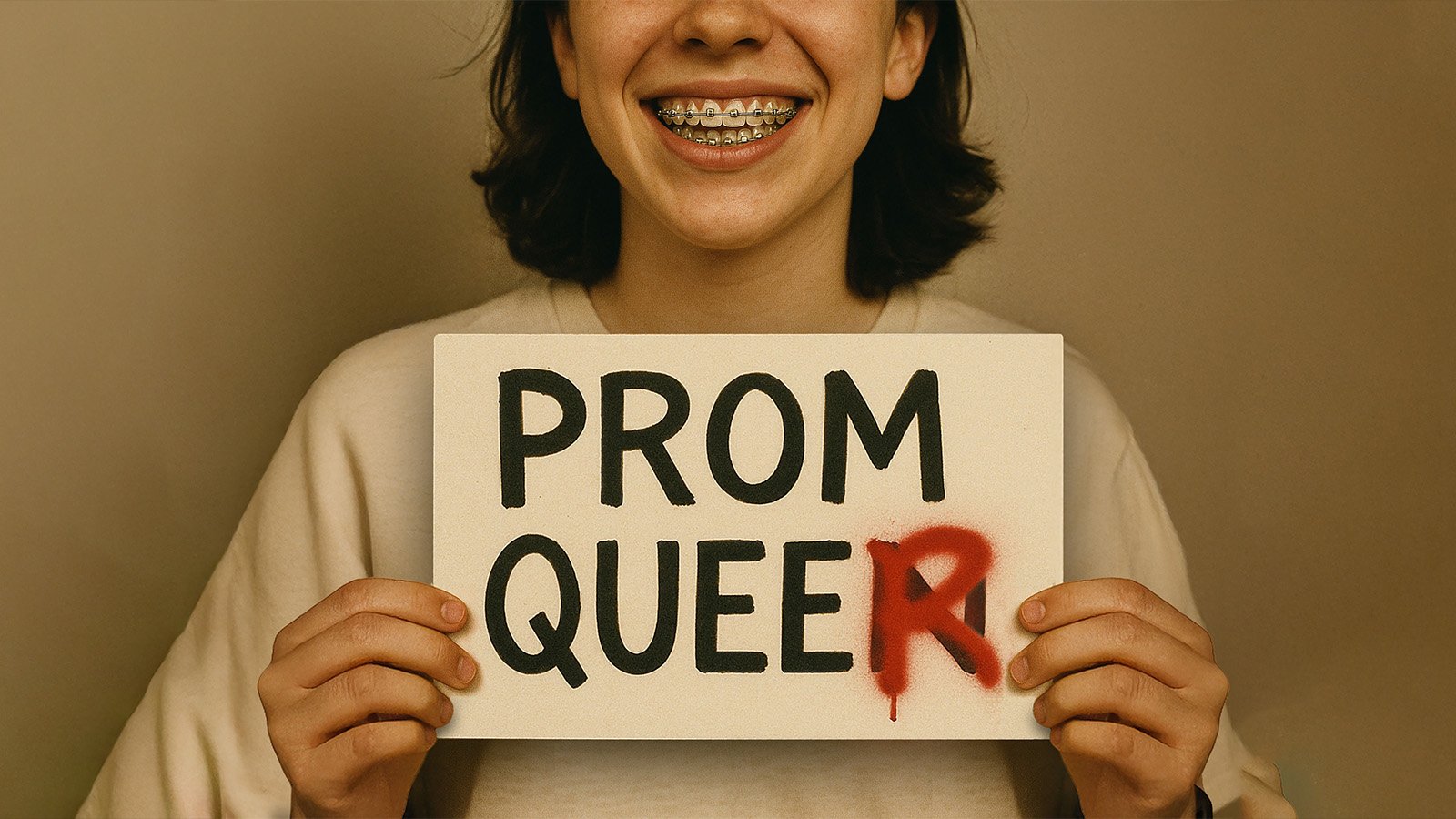 A teenage girl with braces holds up a sign that says "PROM QUEEN" with the letter & R spray-painted over the N, spelling PROM QUEER