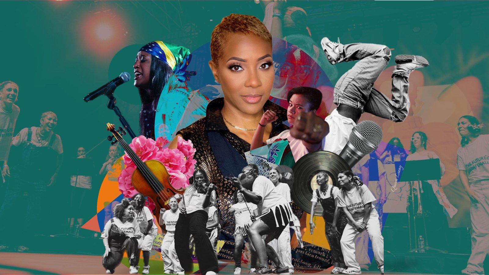 A collage of MC Lyte, Rapsody, and DJ Perly amongst a slate of performers