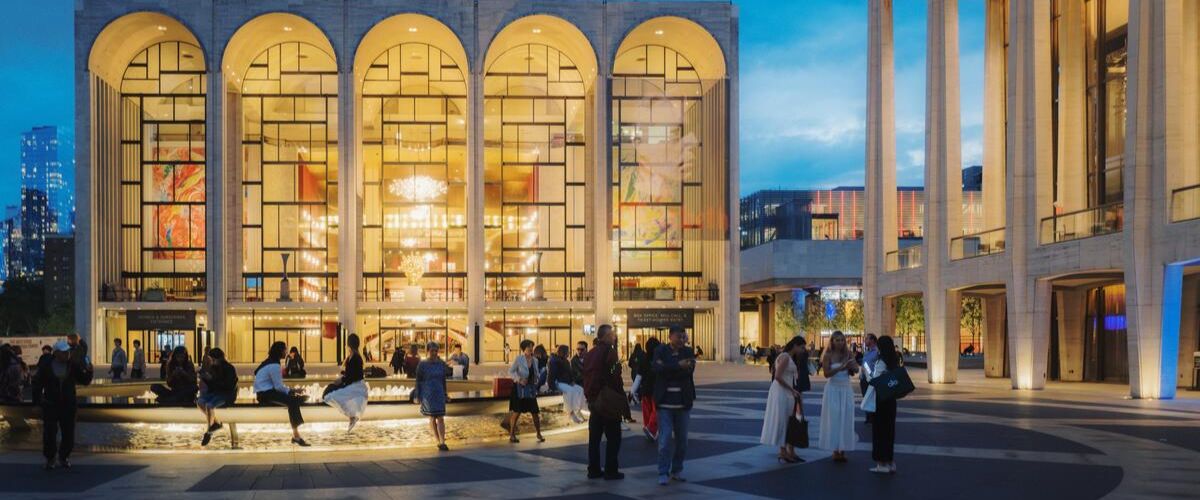 Lincoln Center's plaza at night