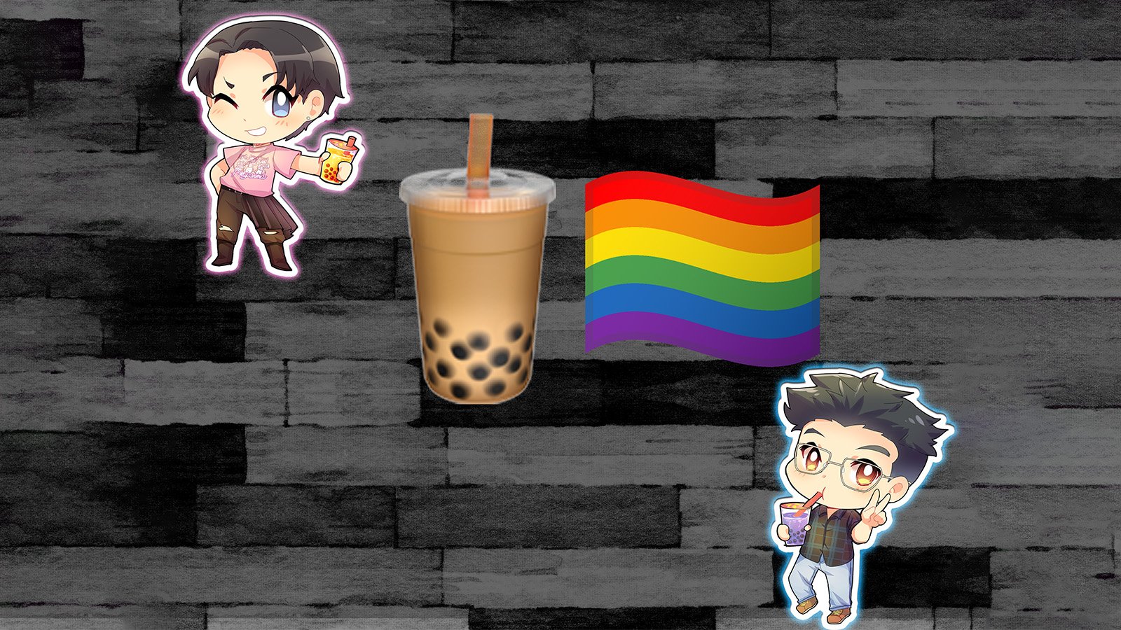A black and grey tiled background with two cartoon avatars, bubble tea, and a rainbow flag