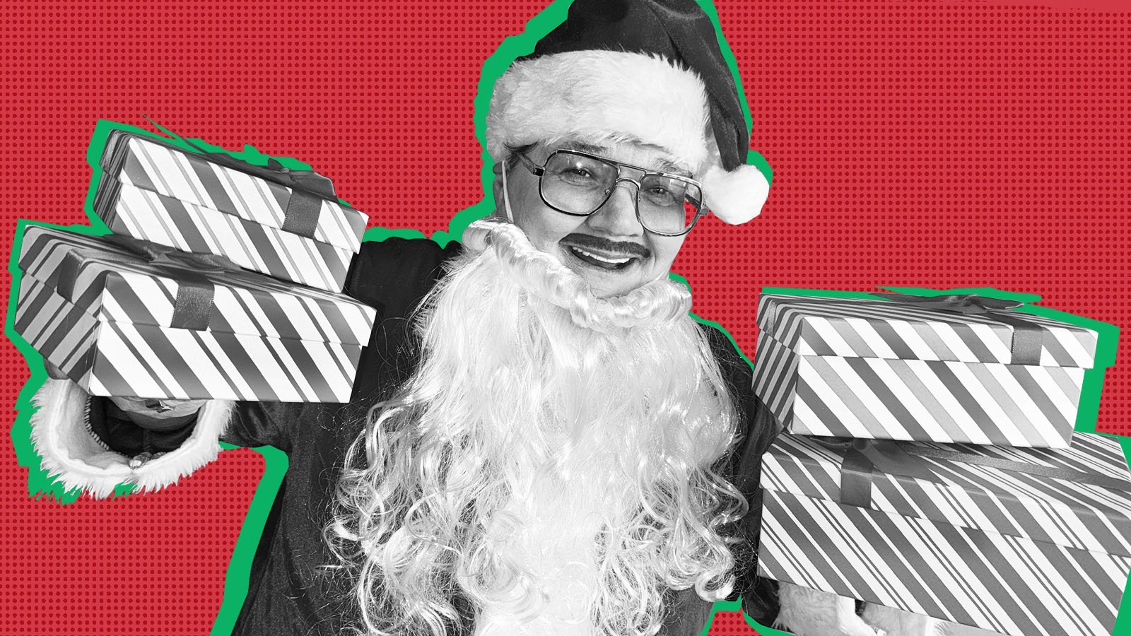 Murray Hill as Santa Claus against a red and green backdrop