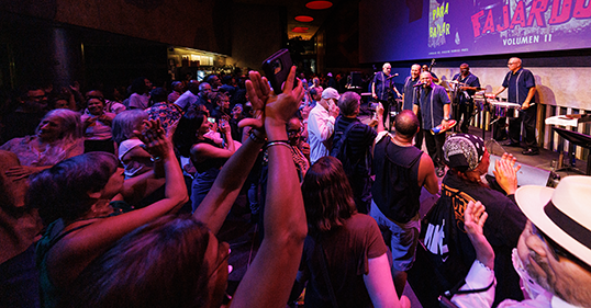 A singer stands on stage in front of a crowd of people waving their hands in the air
