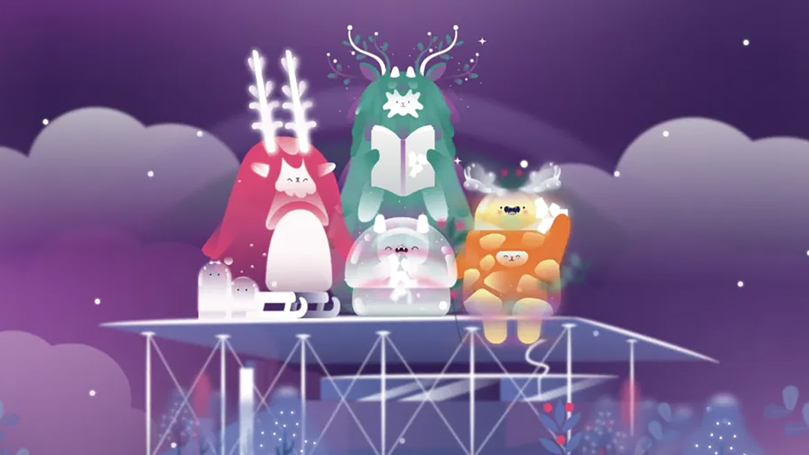 Red, green, yellow, and white animated Christmas creatures on a platform in front of a night sky