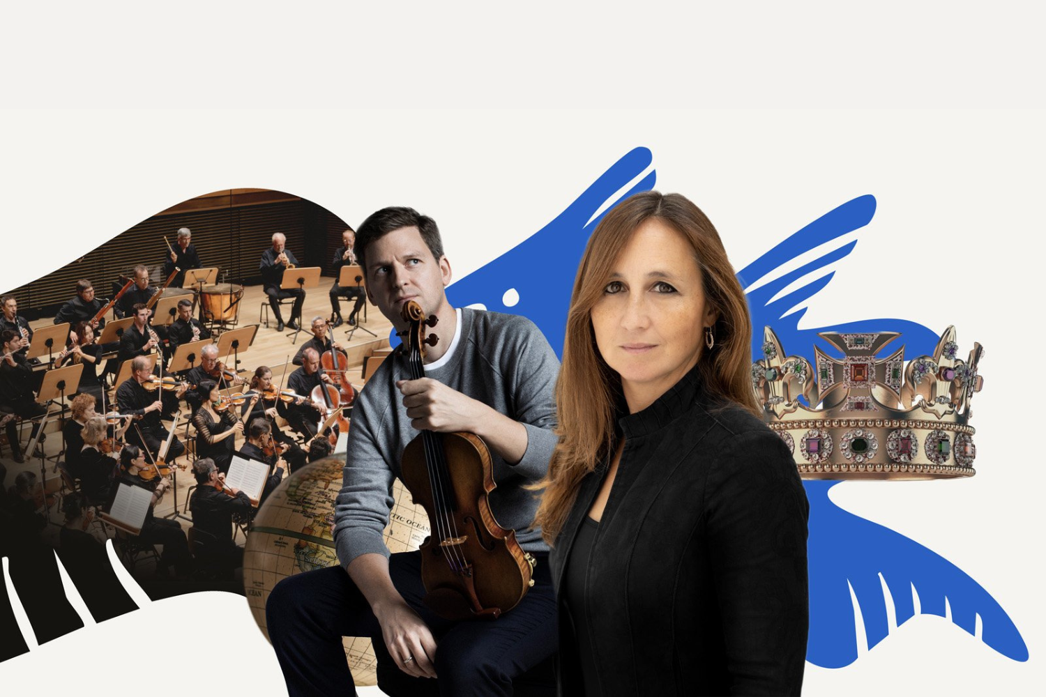 A collage of an orchestra, a man holding a violin, and a woman in all black