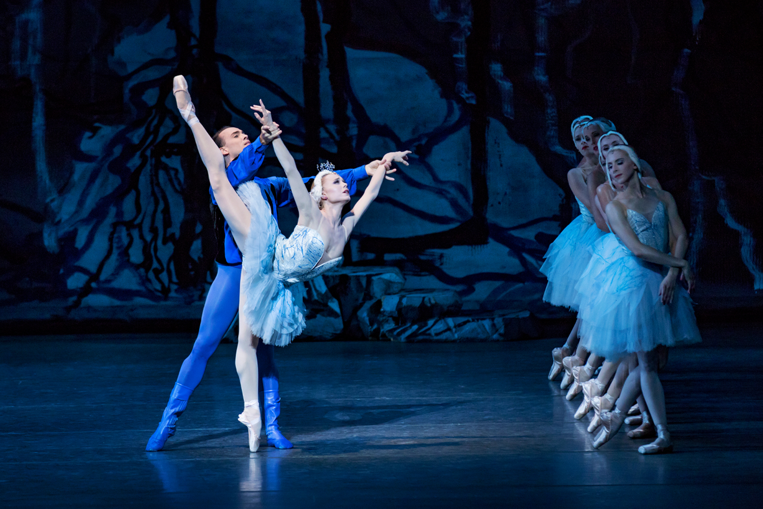 Dancers in Swan Lake wearing blue outfits
