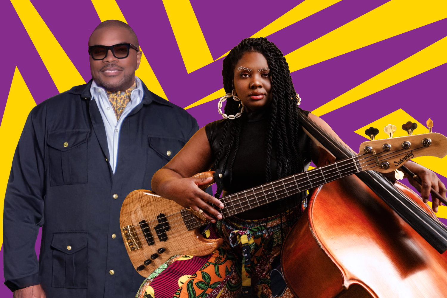 A black and white photo of a woman with dark curly hair in front of a pink and blue graphic