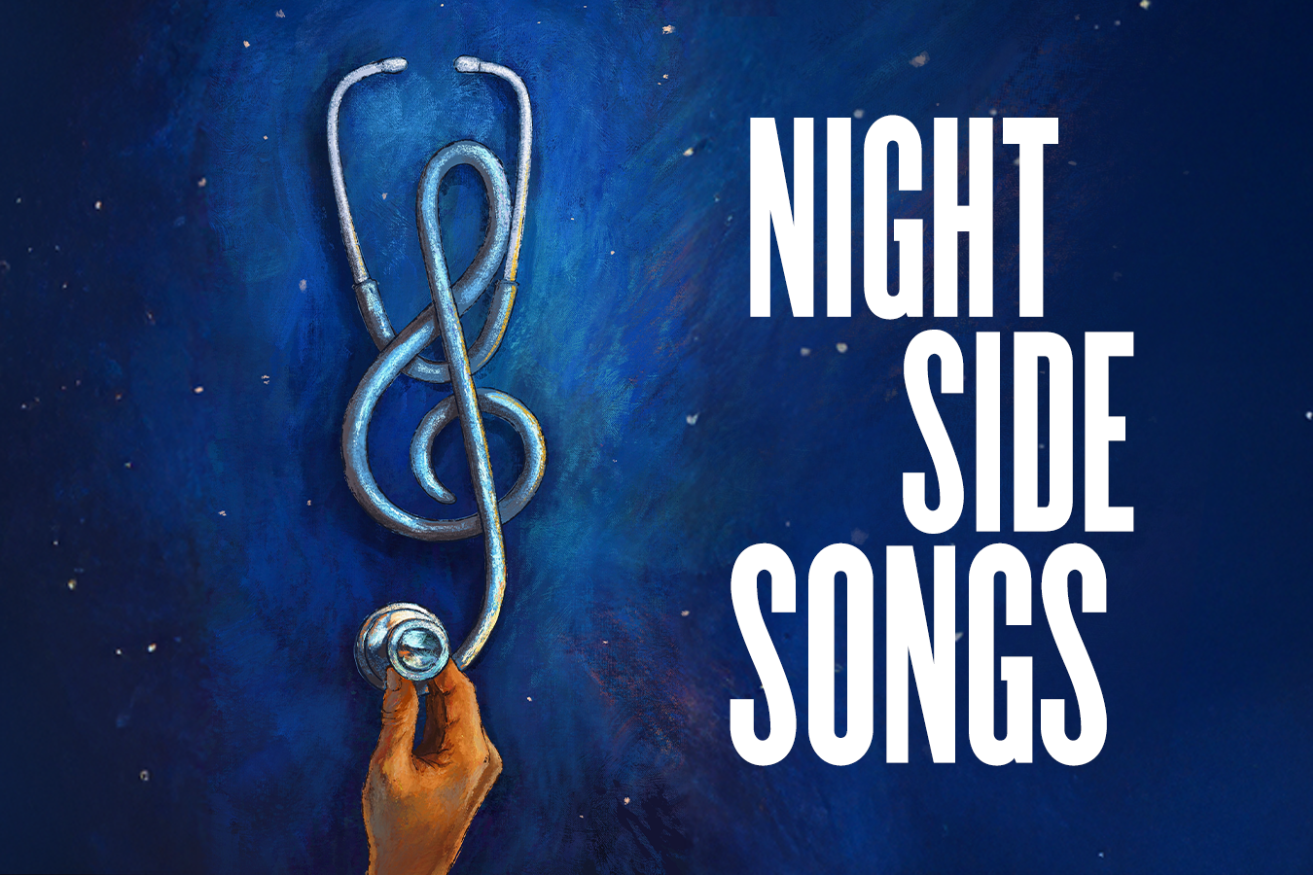 A black and white photo of a woman with dark curly hair in front of a pink and blue graphic