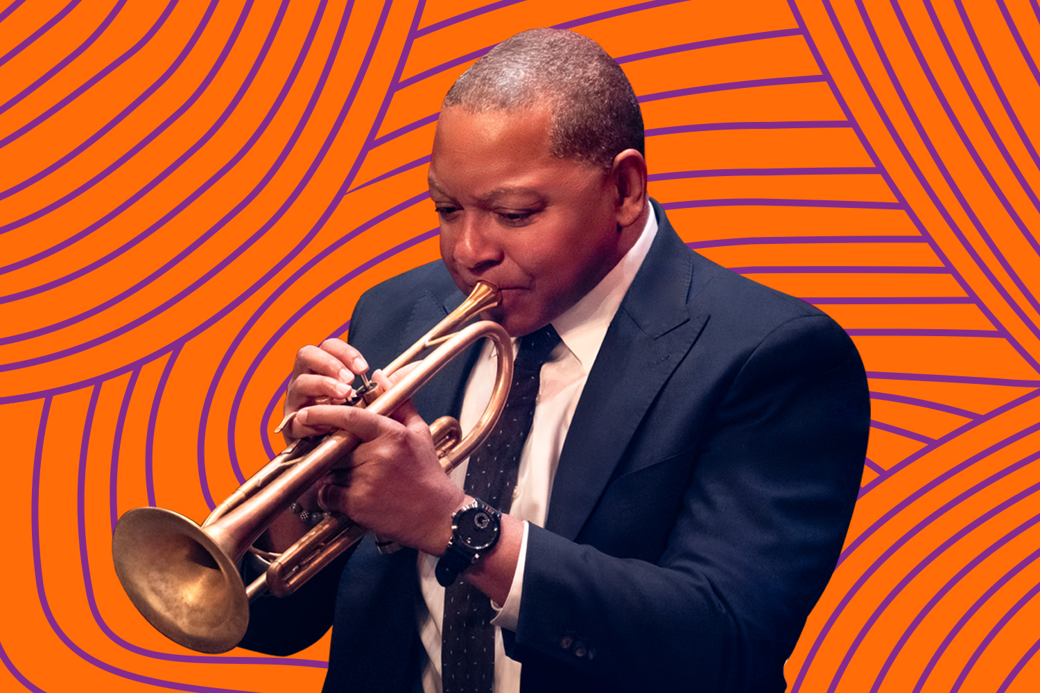 A black and white photo of a woman with dark curly hair in front of a pink and blue graphic