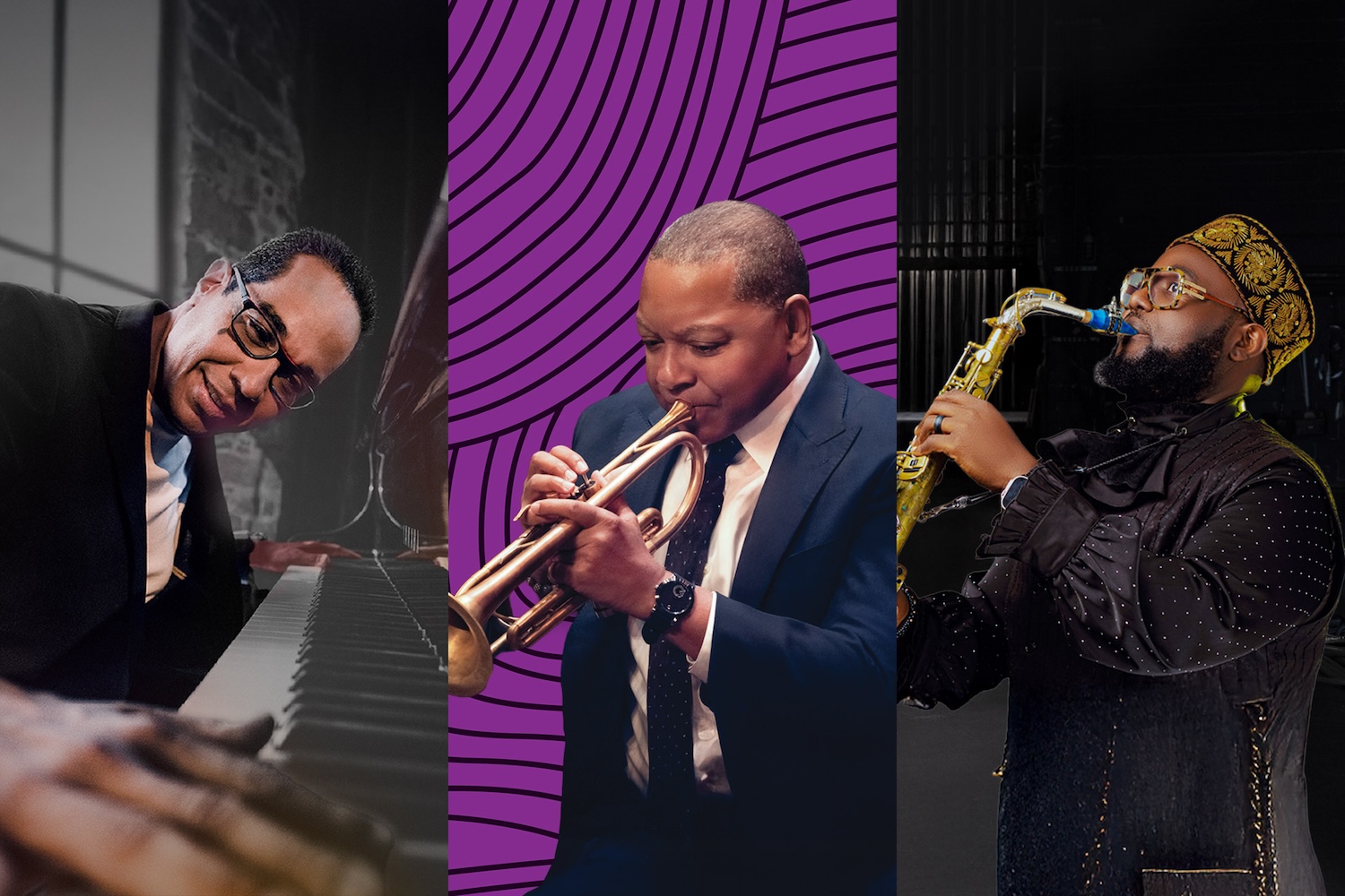 A black and white photo of a woman with dark curly hair in front of a pink and blue graphic