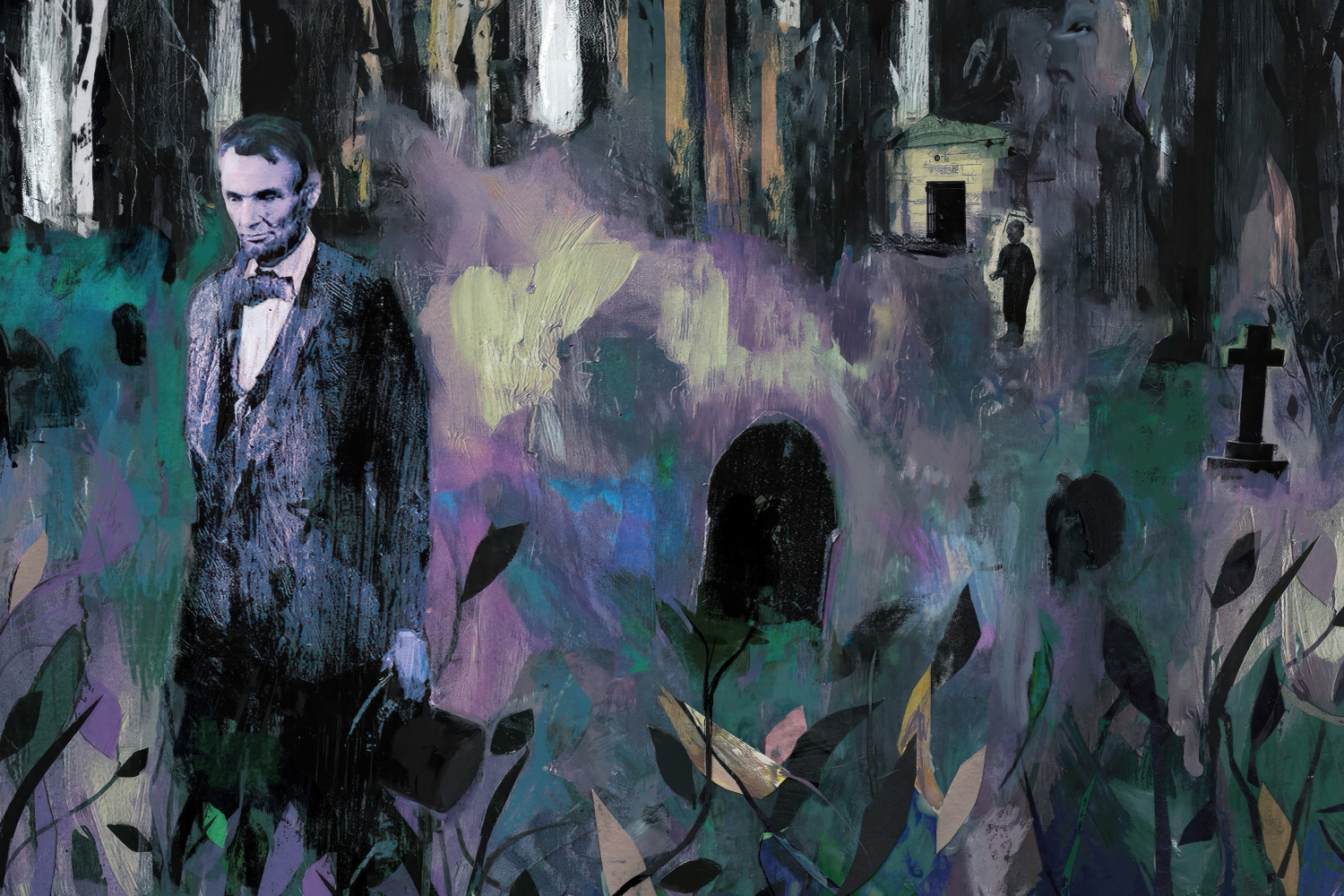 A dark, abstract oil painting of Abraham Lincoln standing in a cemetery 