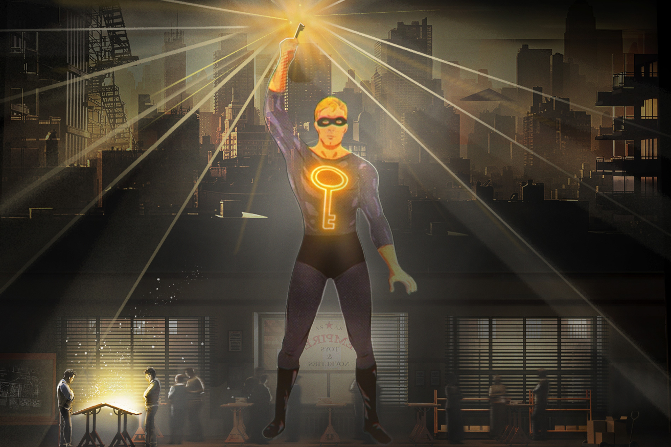 A woman with blonde hair wearing a white dress lying on a marble slab