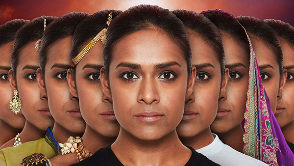 Multiple photos of a woman in different costumes looking at the camera