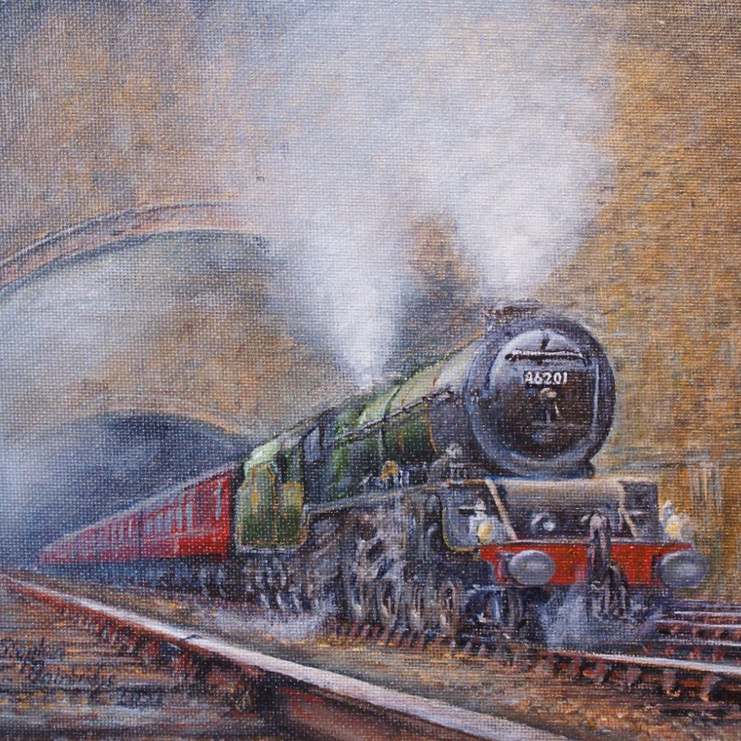 Acrylic painting of a green steam locomotive