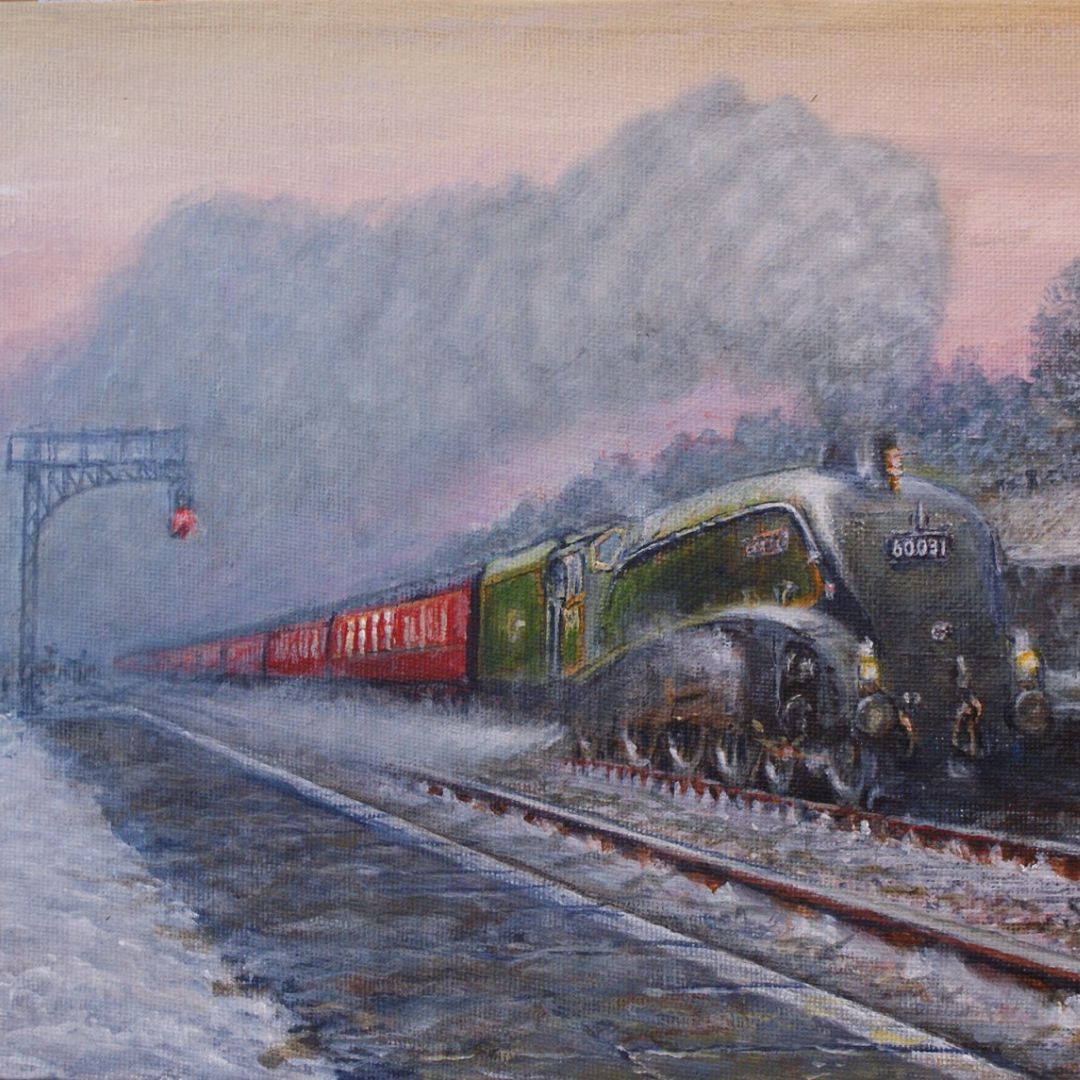 An acrylic painting of a steam engine