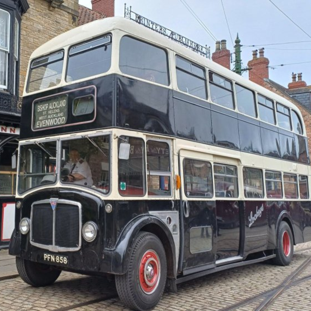A black and white vintage bus